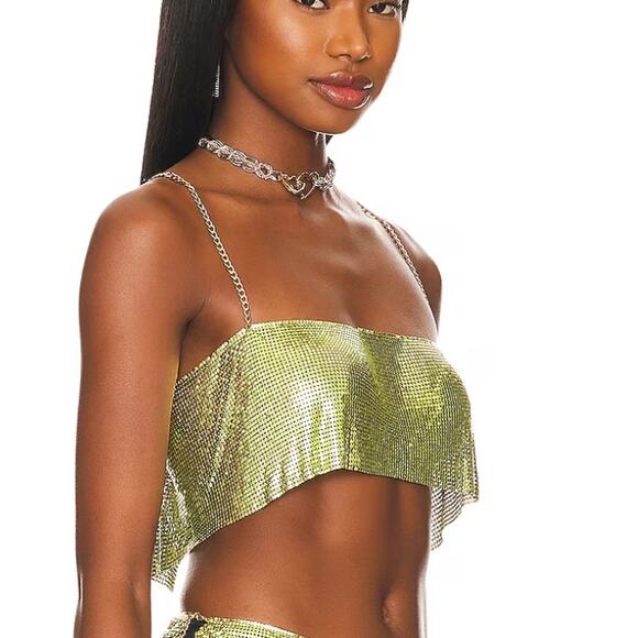 Lovers + Friends Metallic Green Chainmail Crop Top MEDIUM Iridescent Coachella - Picture 2 of 9